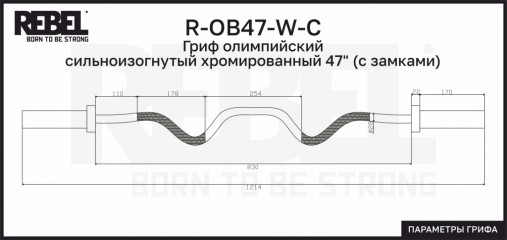 Гриф олимпийский сильноизогнутый хромированный 47" REBEL с замками Гриф олимпийский сильноизогнутый хромированный 47" REBEL с замками